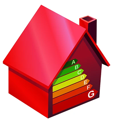 Haus mit Energieeffizienzwerten als Symbol für die Kostenersparnis durch serielle Sanierung