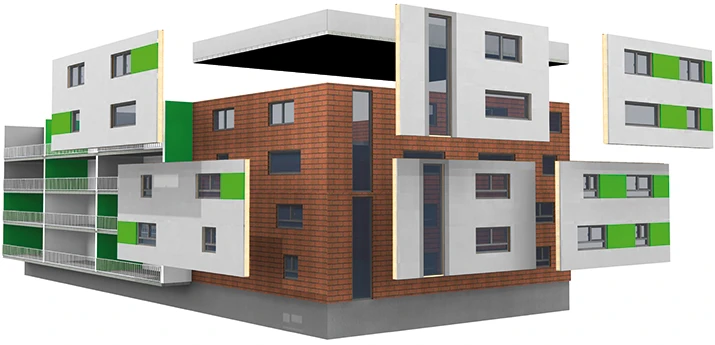 3D-Grafik eines Mehrfamielienhauses mit der Veranschaulichung der seriellen Sanierung