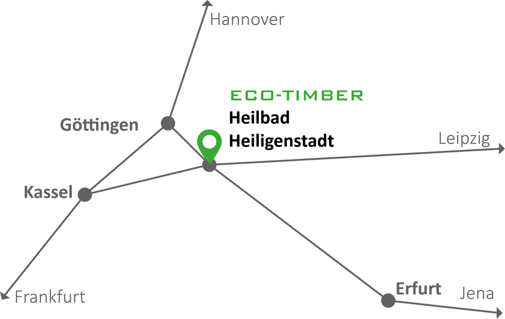 Karte mit dem ECO-TIMBER Abbundzentrum im Mittelpunkt